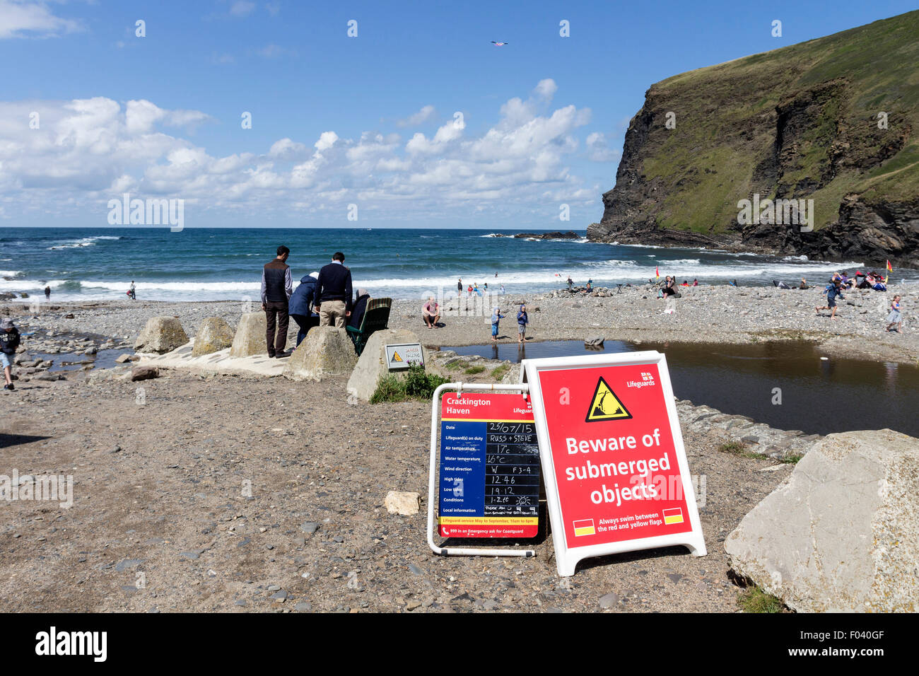 Warning and information Signs on the Beach at Crackington Haven Cornwall UK Stock Photo