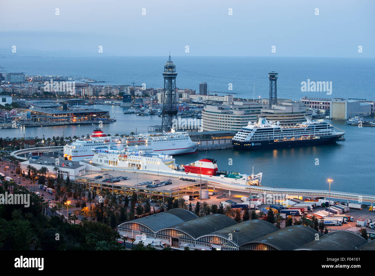 City of Barcelona in the evening, Catalonia, Spain, view over cruise ship port Stock Photo