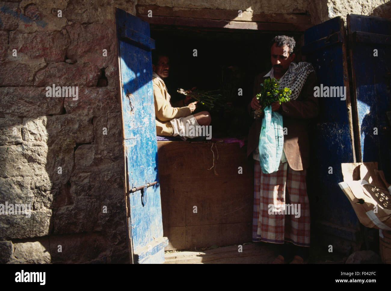 Qat leaves for sale in a shop, Jiblah, Yemen. Stock Photo