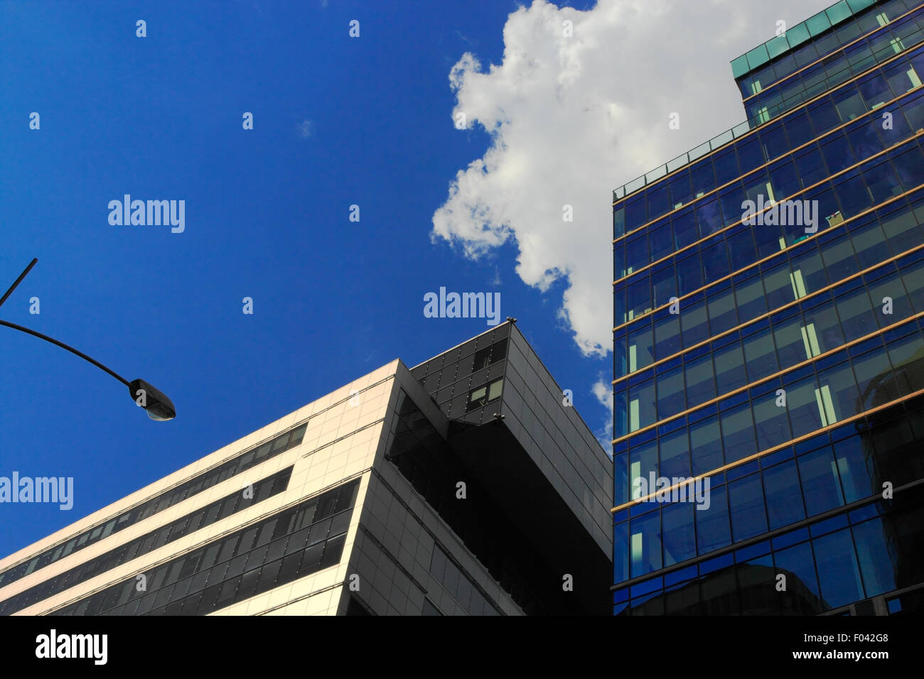 Picture of new commercial buildings in downtown district with low angle view. Stock Photo