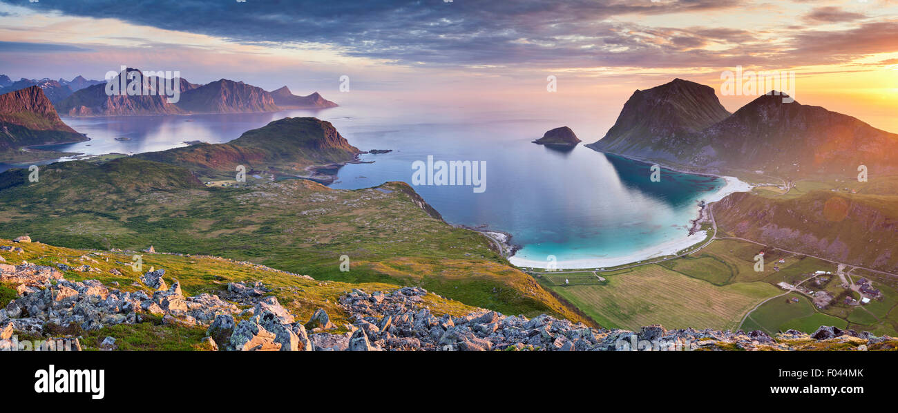 Norway. Panoramic view of  Lofoten Islands, located in Norway, taken from Holadsmelen, during summer sunset. Stock Photo