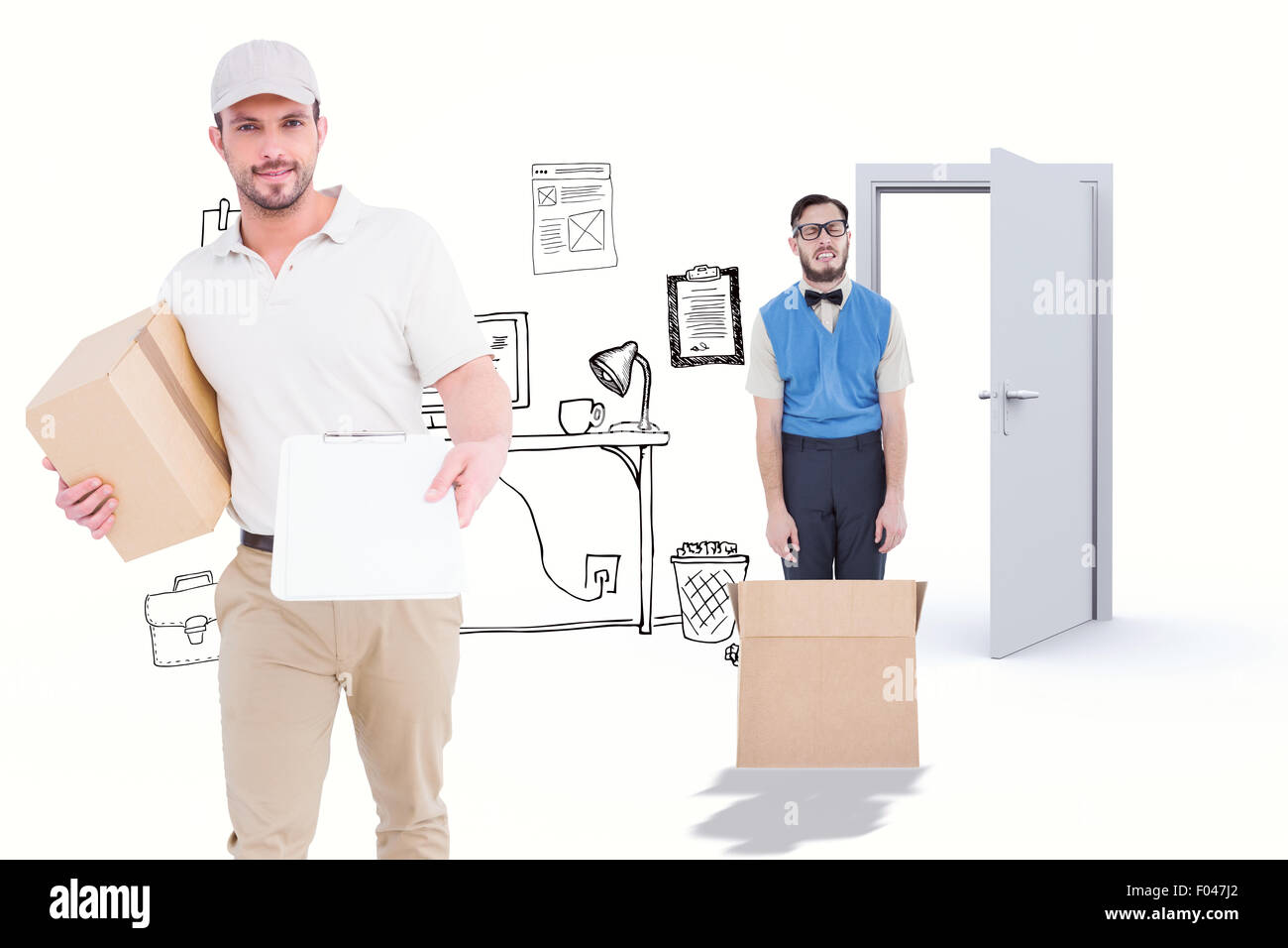 Composite image of delivery man with cardboard box showing clipboard Stock Photo