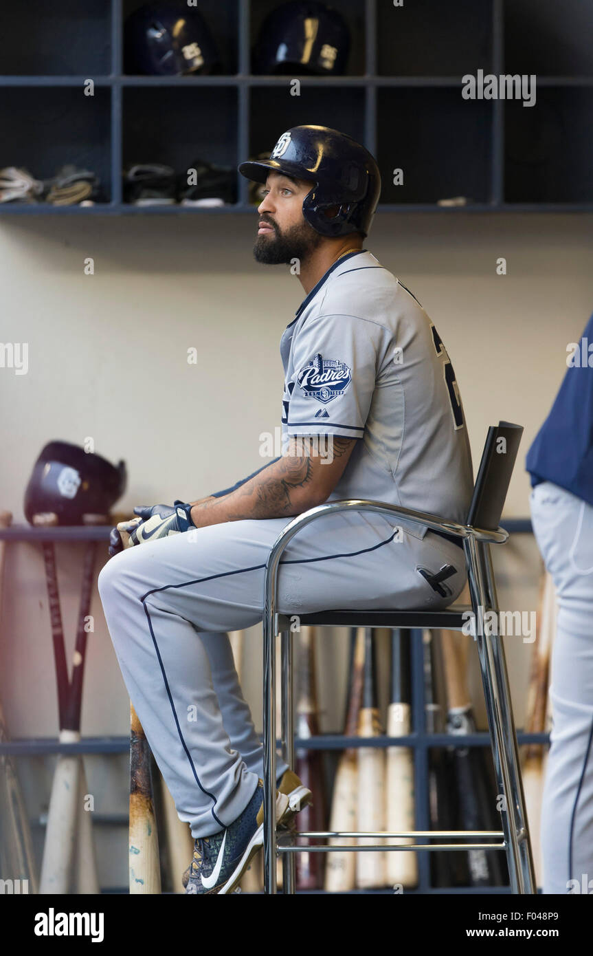 Milwaukee, WI, USA. 05th Aug, 2015. San Diego Padres right fielder Matt Kemp #27 during the Major League Baseball game between the Milwaukee Brewers and the San Diego Padres at Miller Park in Milwaukee, WI. John Fisher/CSM/Alamy Live News Stock Photo