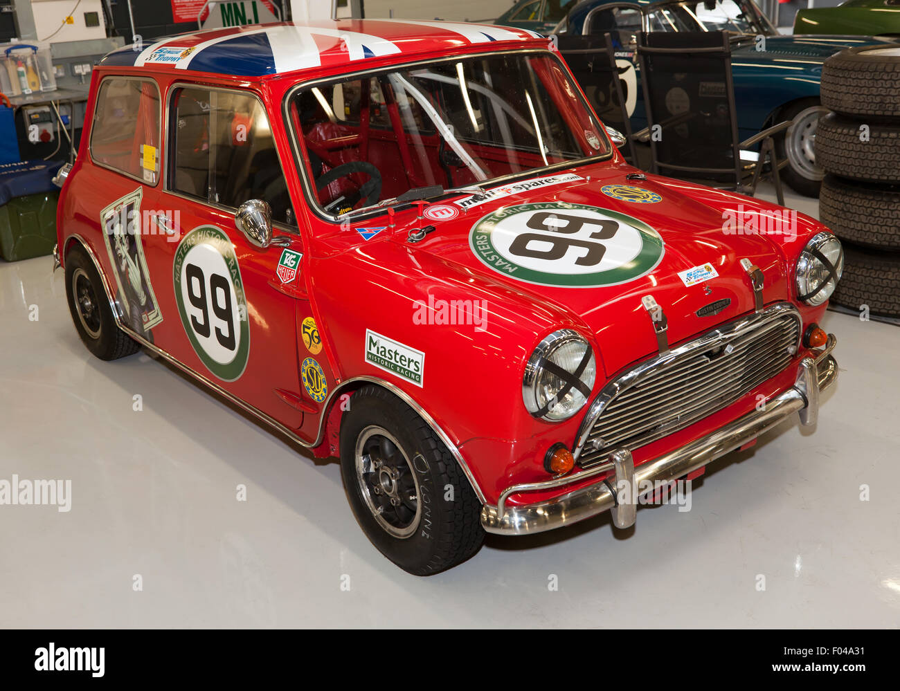 A 1970's Mini Cooper S Mk III, in the National Paddock Garage, at the Silverstone Classic 2015 Stock Photo