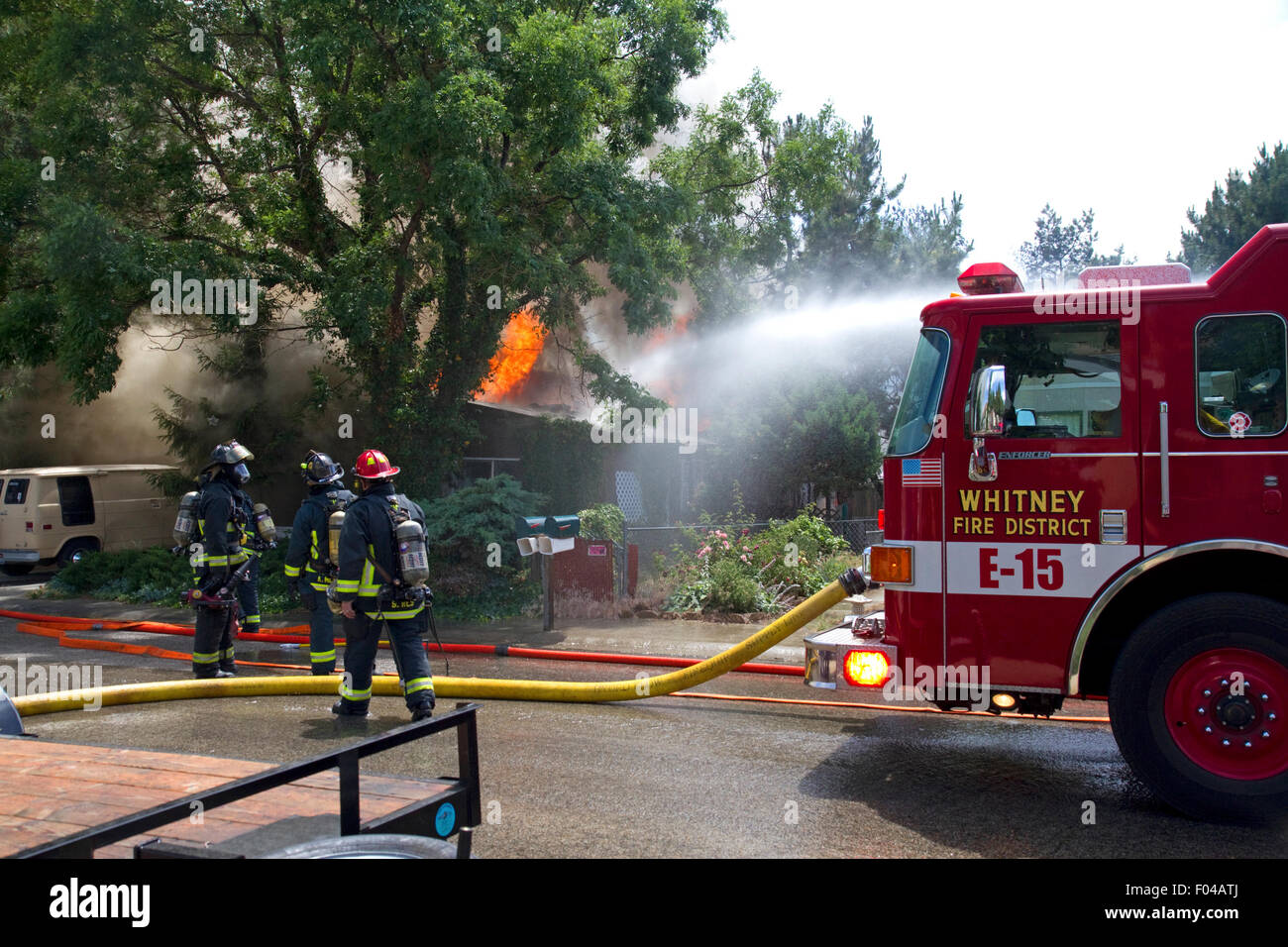 Firefighters respond to a structure fire in Boise, Idaho, USA Stock