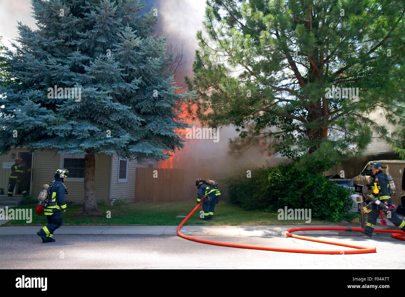 Firefighters respond to a structure fire in Boise, Idaho, USA. Stock Photo