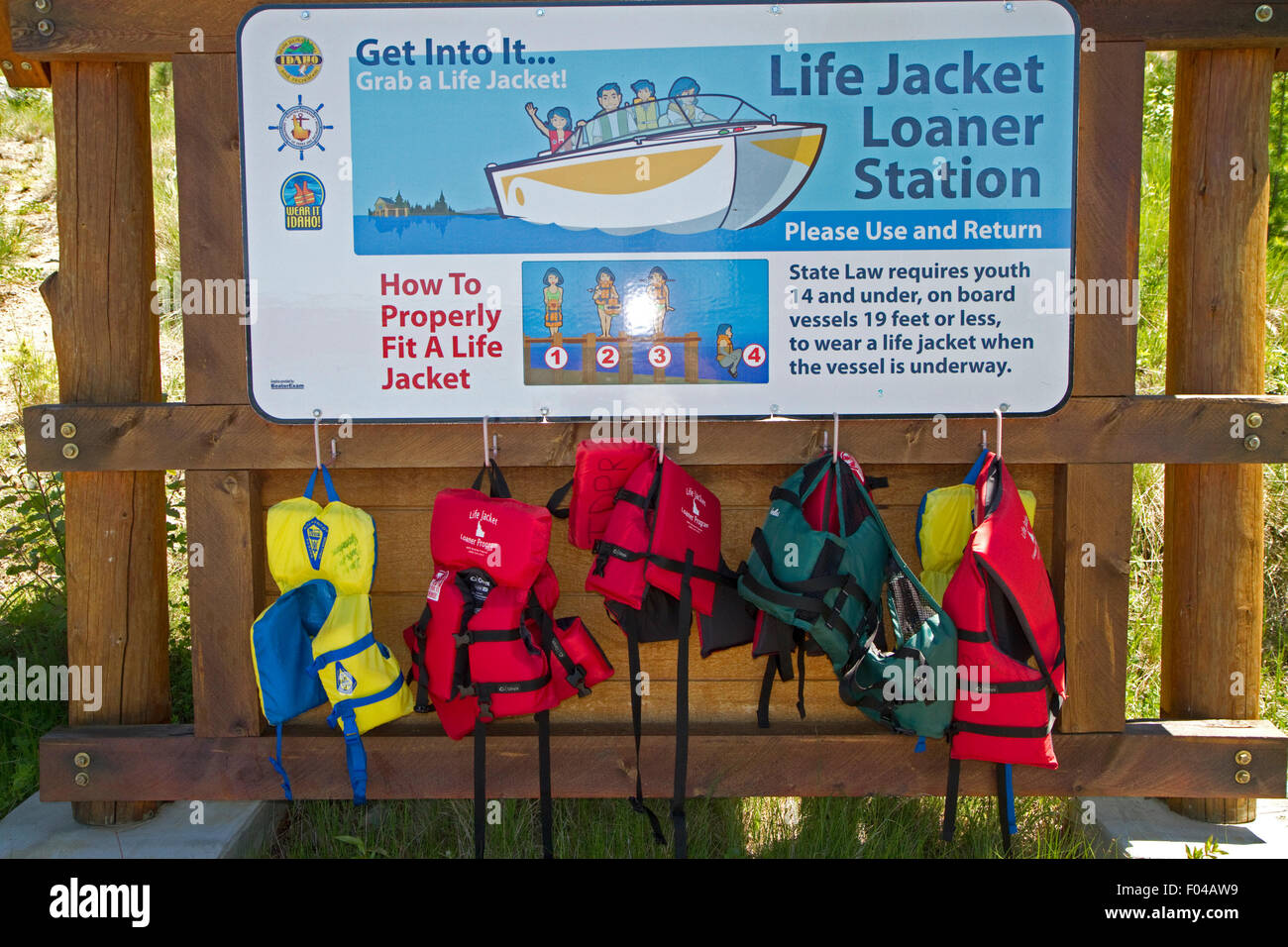 Life jacket loaner station at Payette Lake, McCall, Idaho, USA. Stock Photo