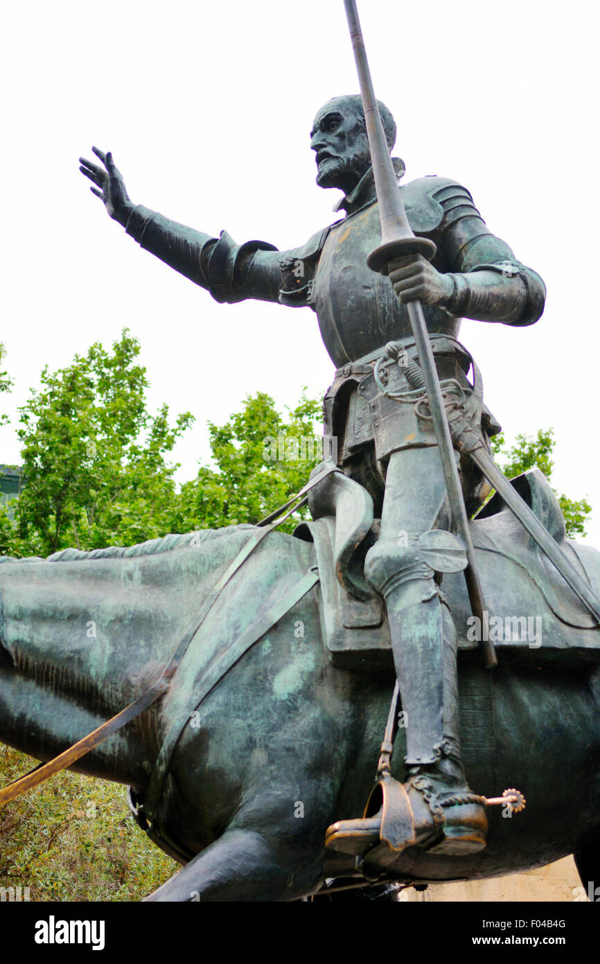 Statue of Don Quixote, knight errant, on his horse 'Rocinante' in monument to author Cervantes Saavedra, Plaza de España, Madrid Stock Photo