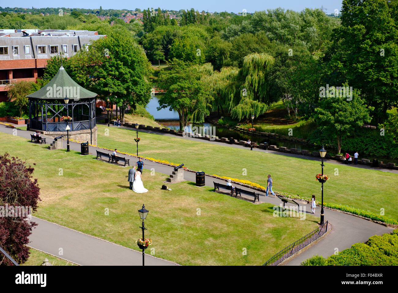 Tamworth Castle Park with bandstand and Anker River, Staffordshire, UK