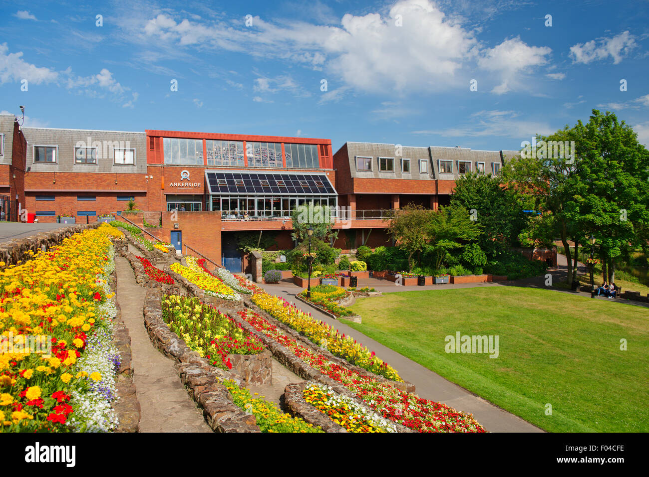Ankerside Shopping Centre and Castle Park gardens, Tamworth, Staffordshire Stock Photo