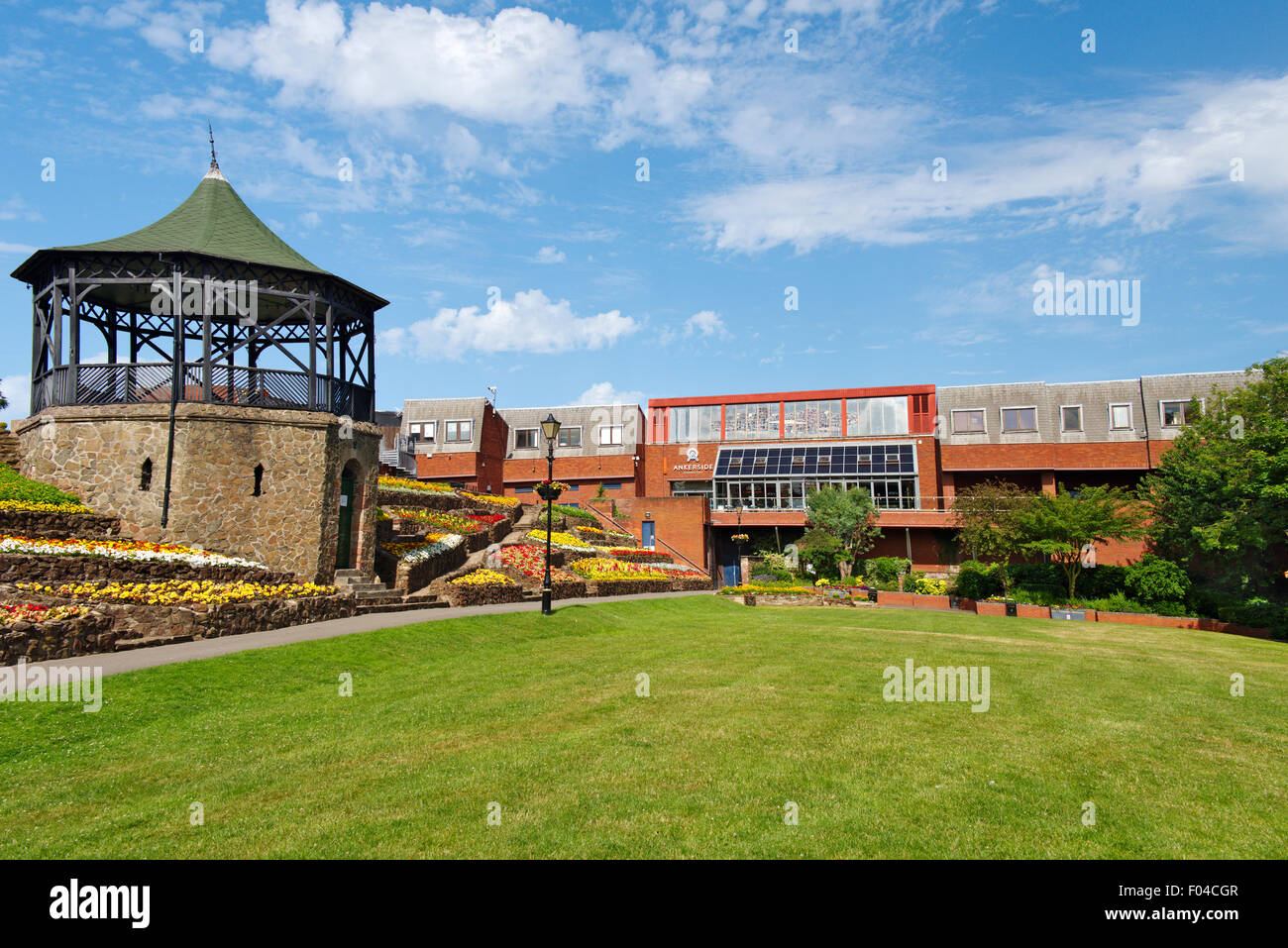 Ankerside Shopping Centre and Castle Park gardens with bandstand, Tamworth, Staffordshire Stock Photo