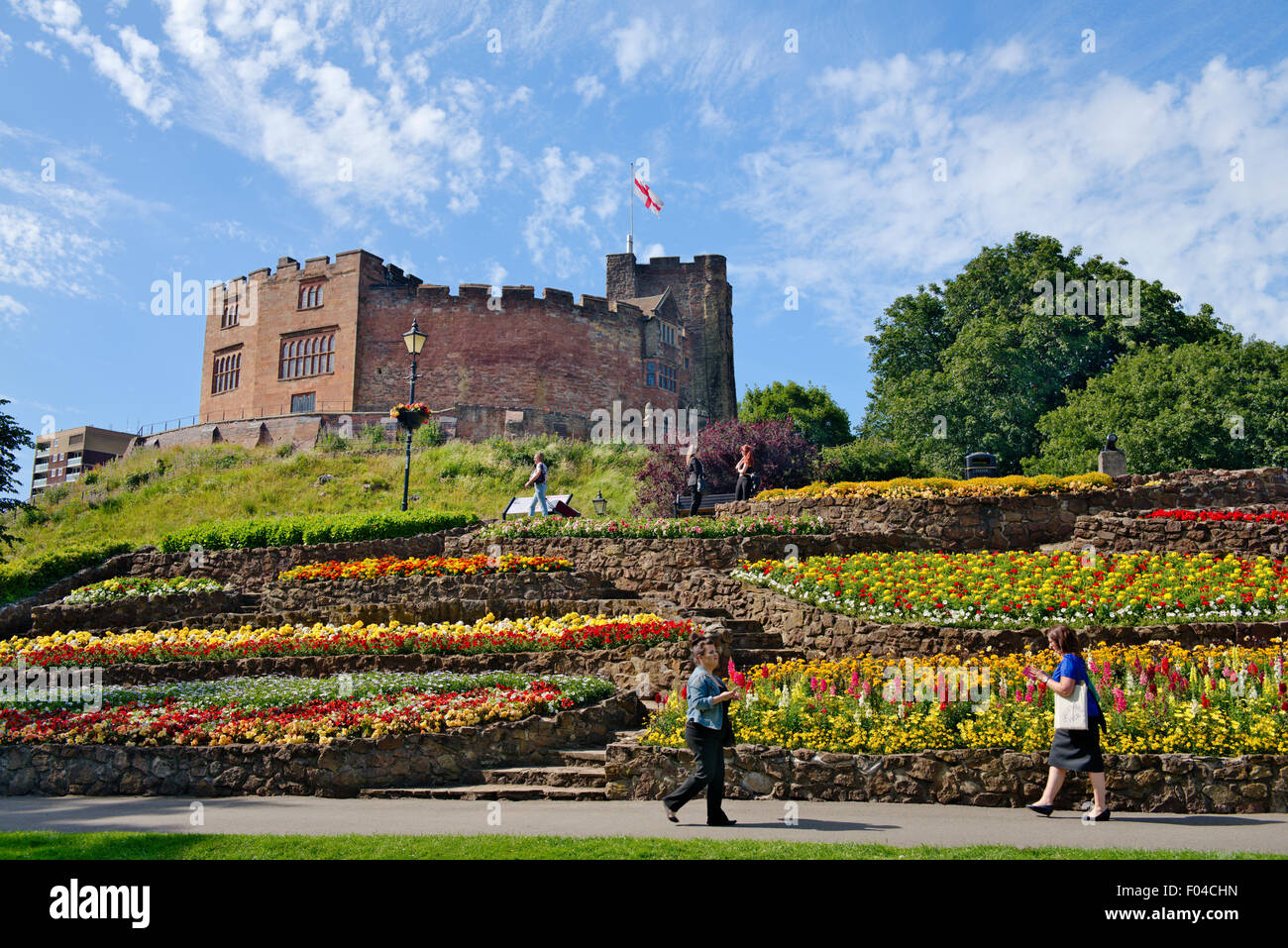 Tamworth Castle and flower beds garden in bloom, Staffordshire Stock Photo