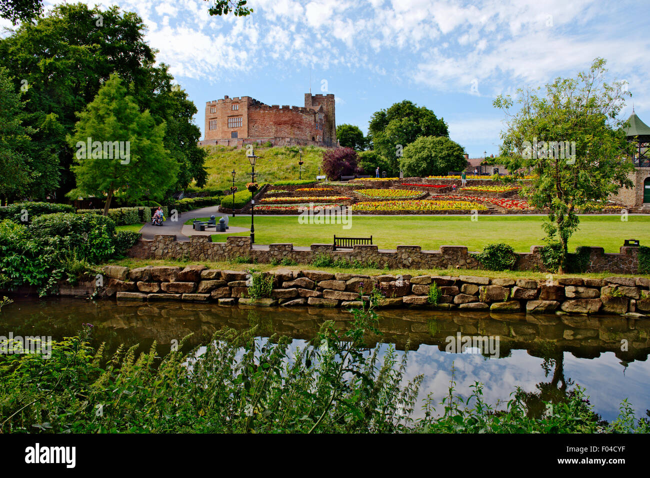 Castle and Castle Park gardens with Anker River, Tamworth, Staffordshire Stock Photo