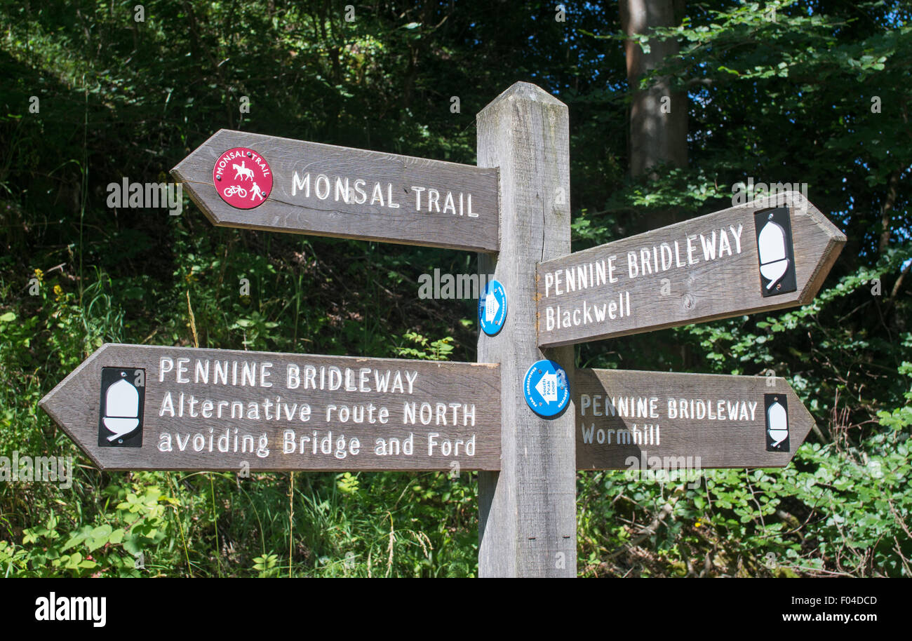 Monsal Trail and Pennine Bridleway signs Derbyshire Peak District, England, UK Stock Photo