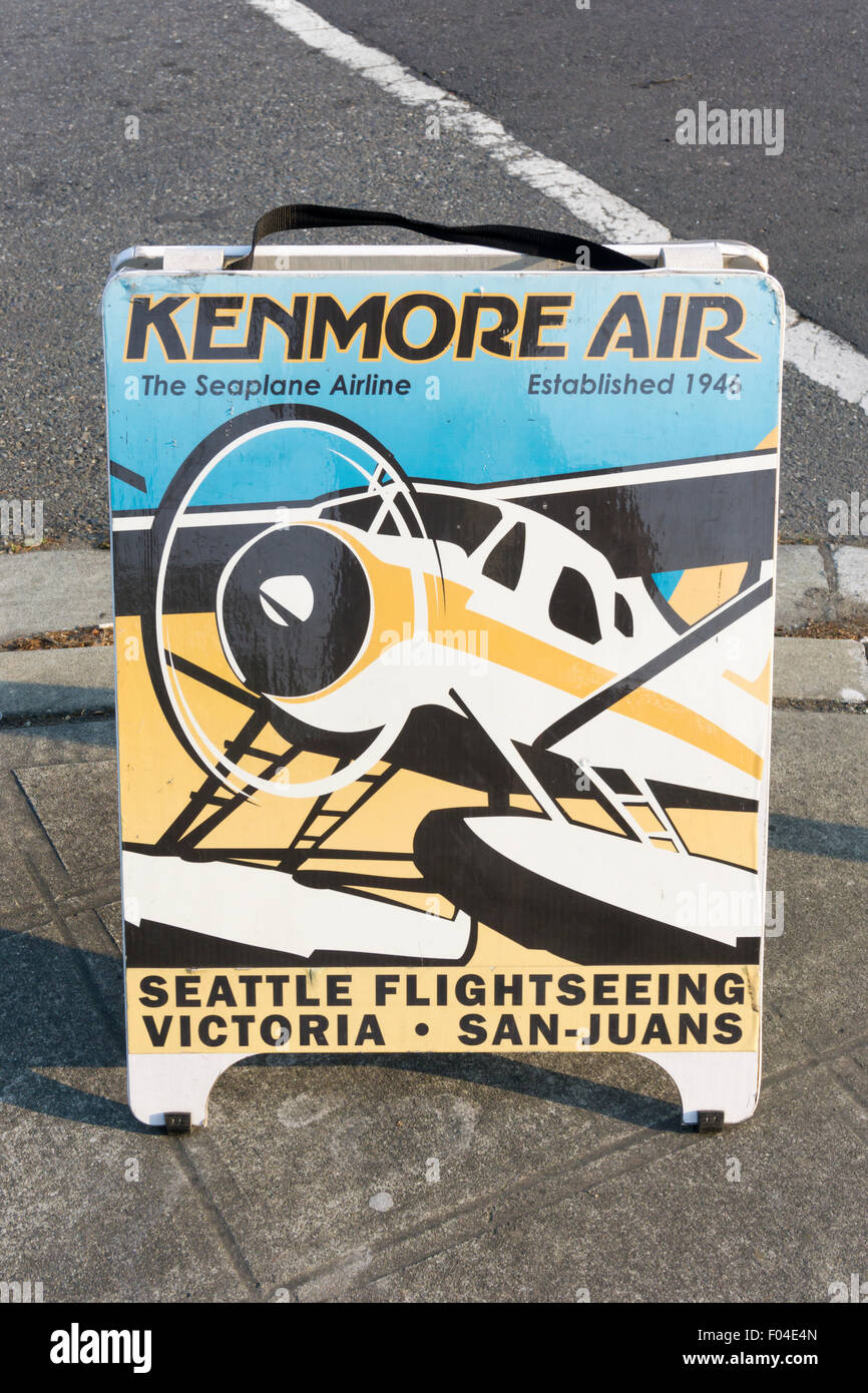A sign for Kenmore Air flightseeing or sightseeing flights from Seattle to Victoria & the San Juan Islands. Stock Photo
