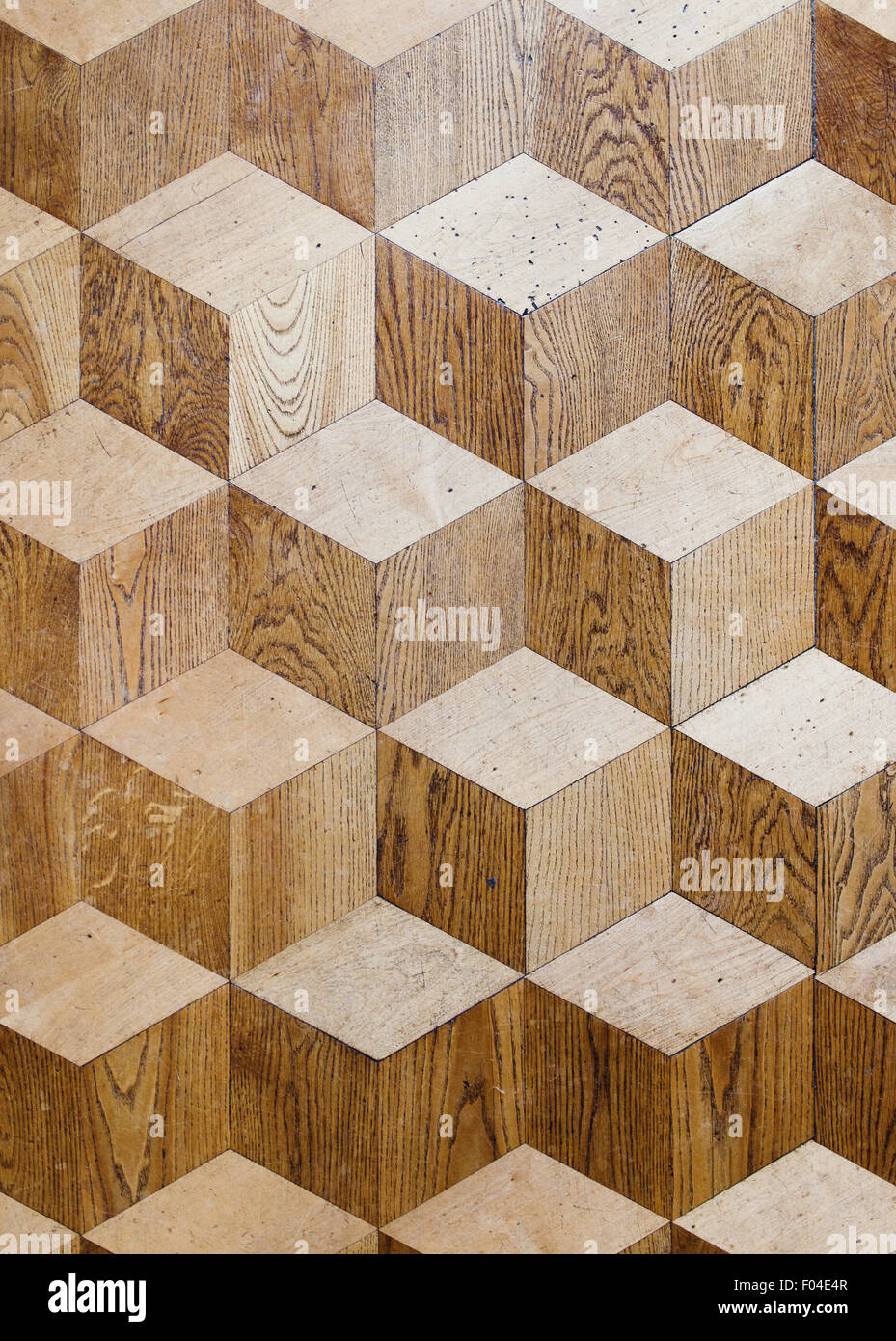 Old palace wooden parquet flooring design with volume cubes illusion Stock Photo
