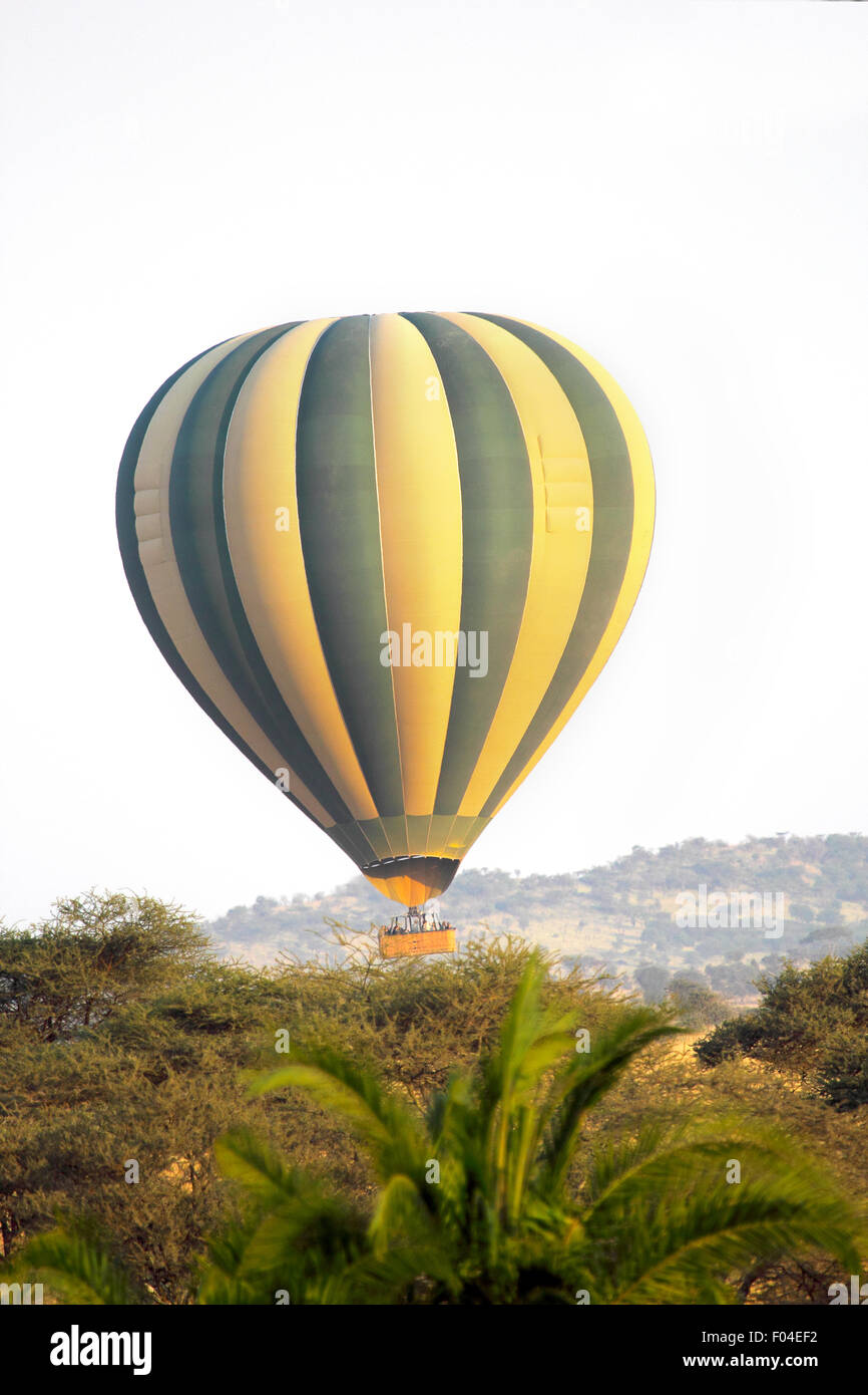 Hot air balloon landing over the african savannah in Serengeti National