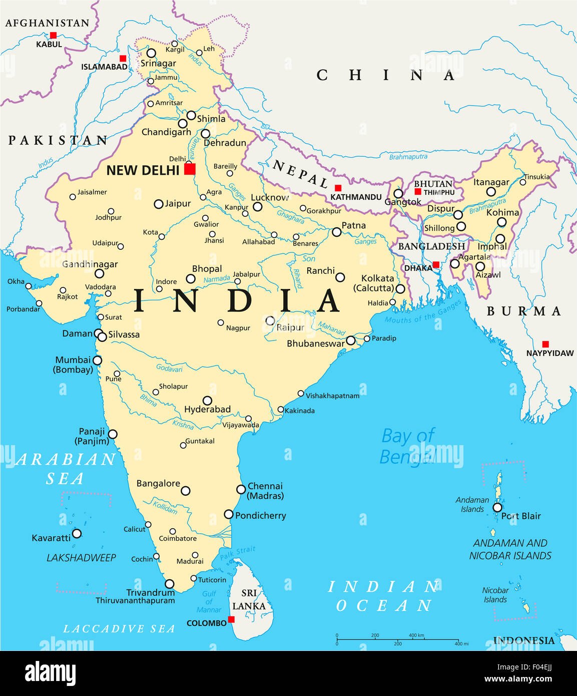 India political map with capital New Delhi, national borders, important cities, rivers and lakes. English labeling and scaling. Stock Photo