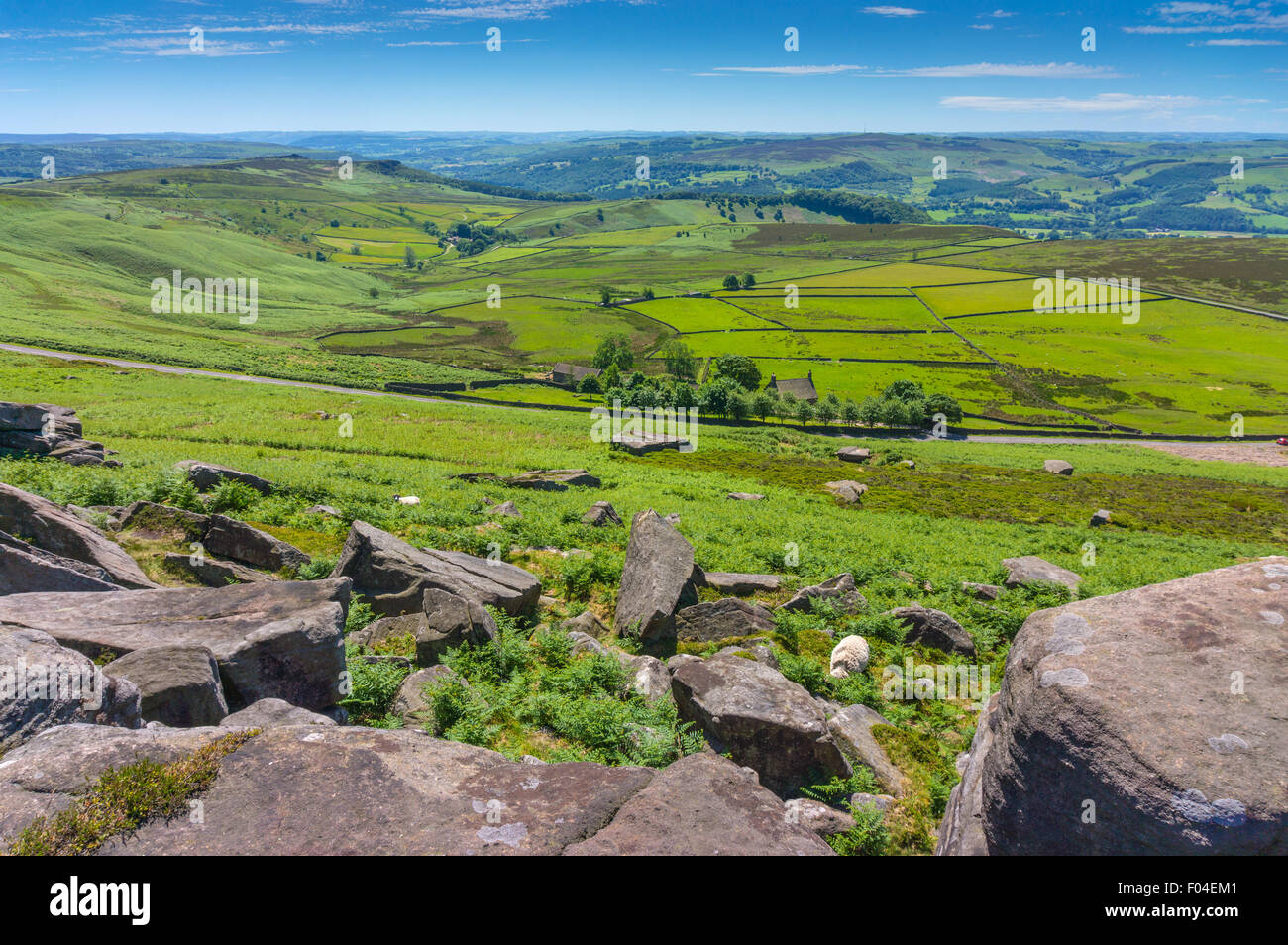 View west from gritstone cliff of Stanage Edge, Peak District, National Park, Derbyshire Stock Photo