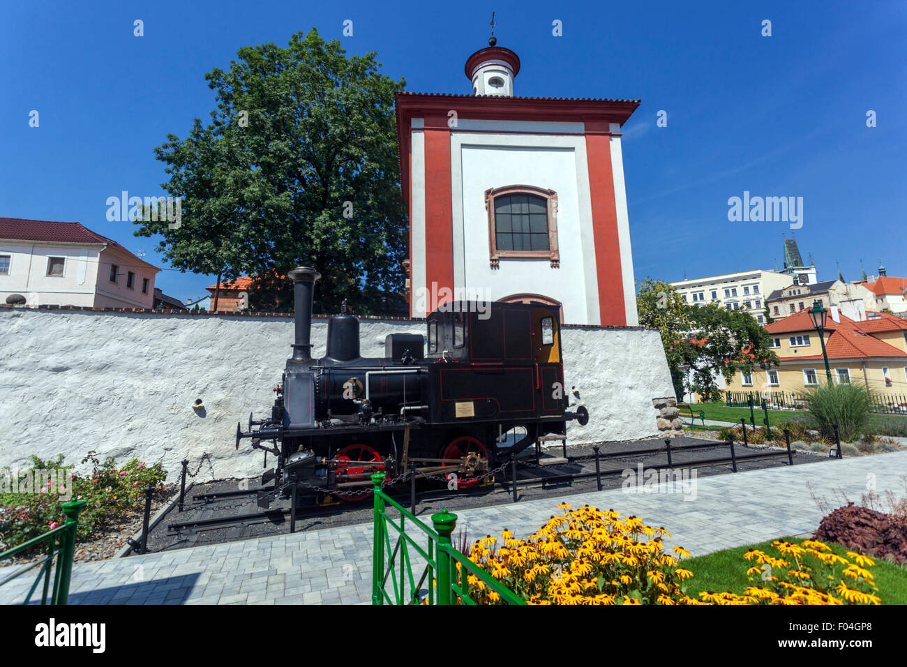 Steam locomotive front of the cafe, the former train station, Litomerice, view from cafe bar, Northern Bohemia, Czech Republic Stock Photo