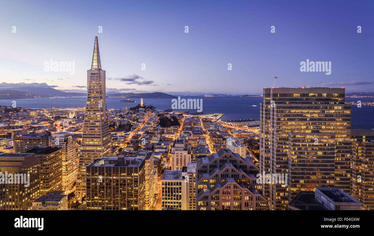 Aerial view of San Francisco cityscape at night with city lights Stock Photo