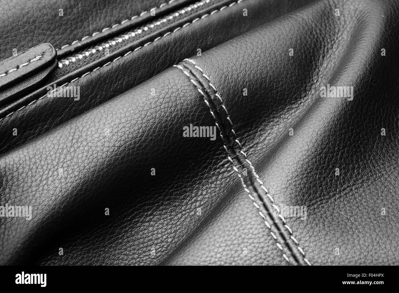 Close up of black leather bag zipper, black leather bag close up Stock Photo
