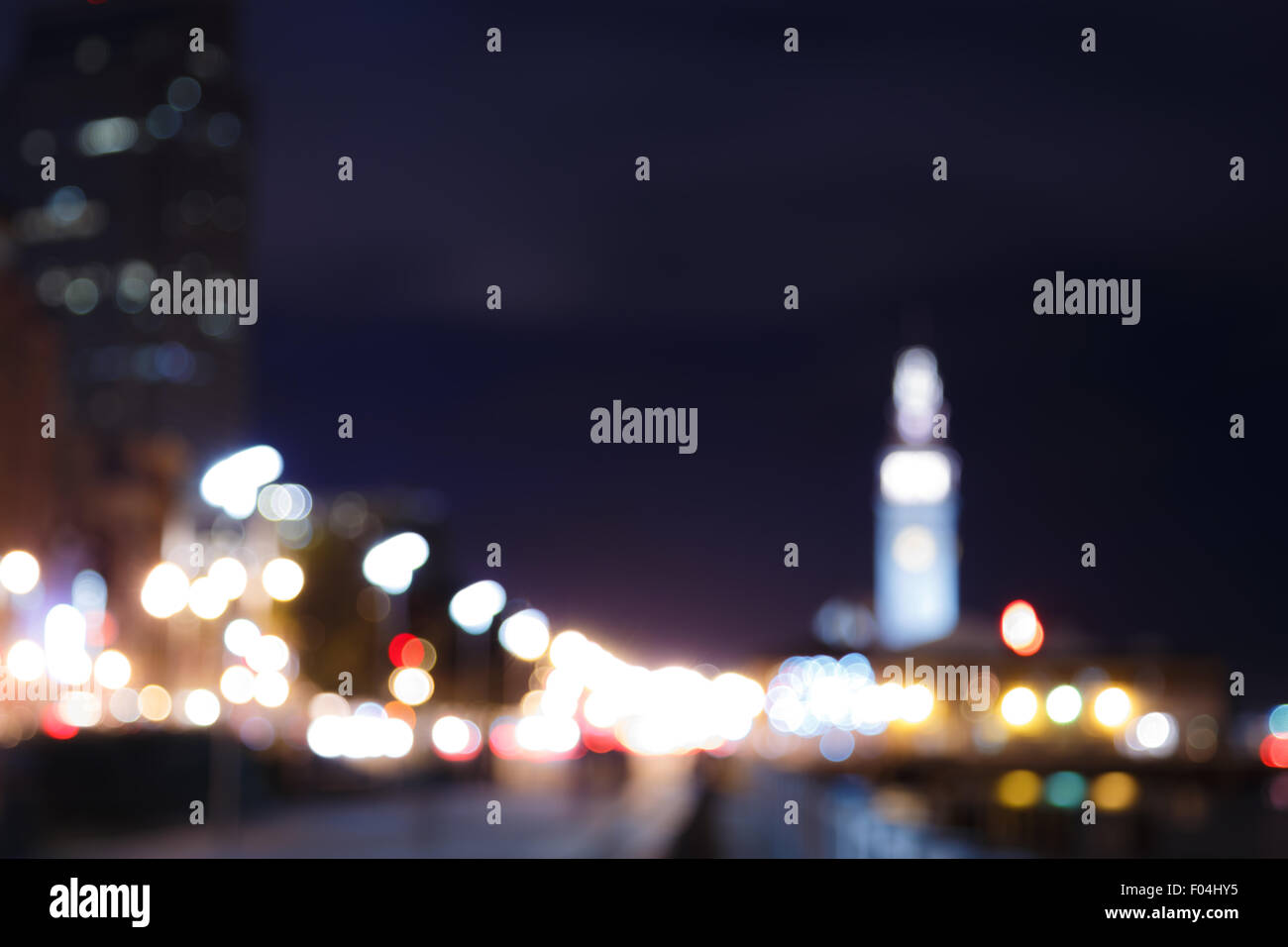 Bokeh and blur of San Francisco skyline at night Stock Photo