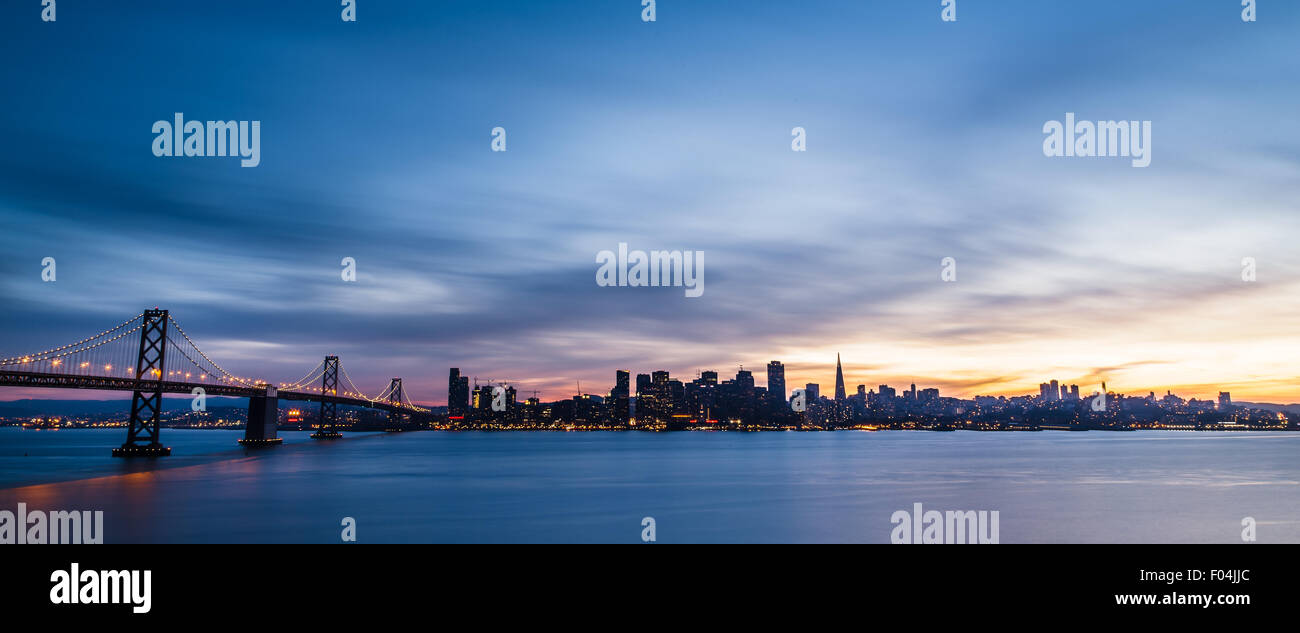 San Francisco skyline at sunset with dramatic clouds Stock Photo