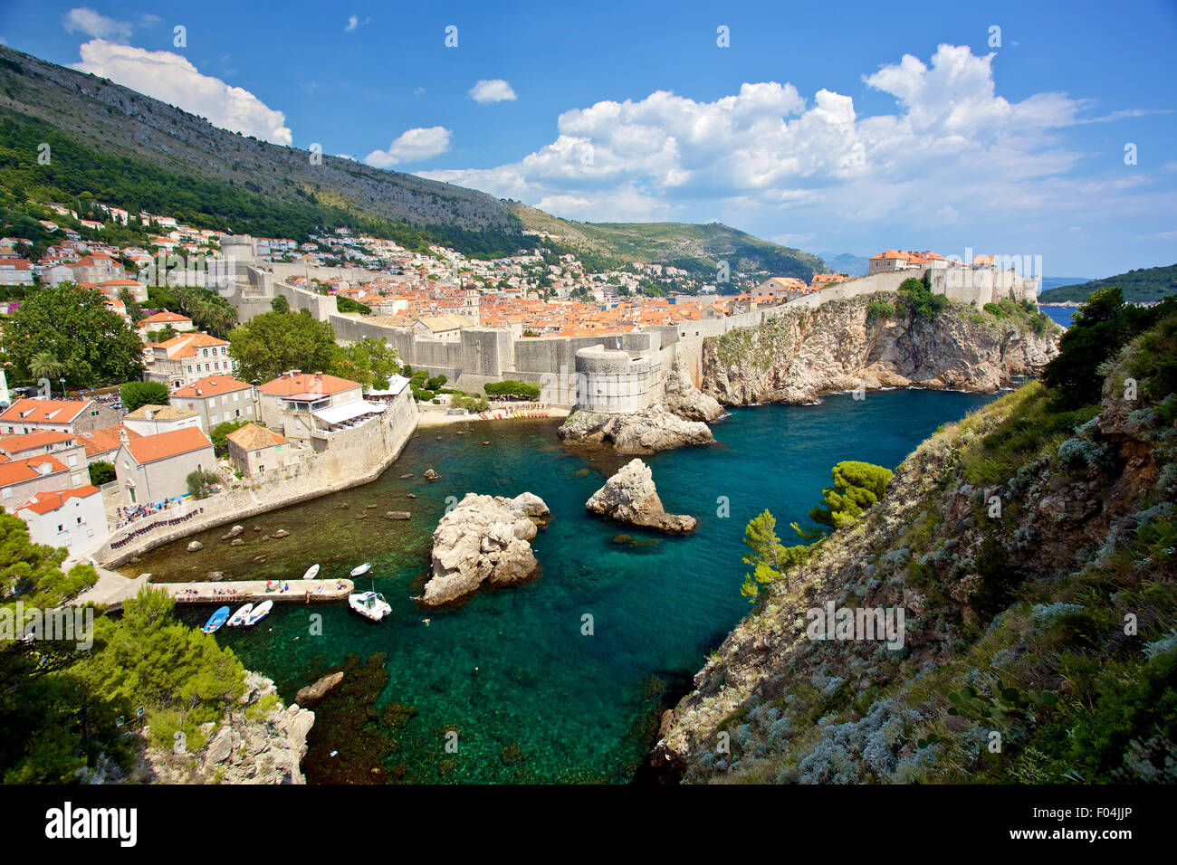 Wide angle view of old city walls in Dubrovnik, Croatia Stock Photo
