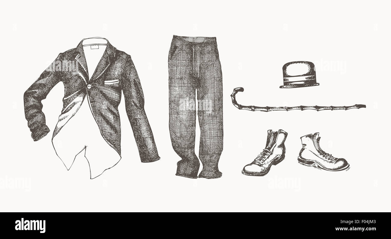 clothes set -pants. shoes, tuxedo, cane, hat Stock Photo