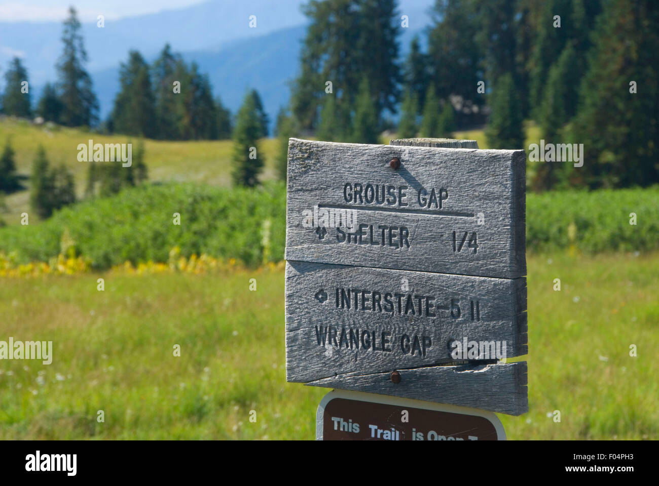 Pacific Crest Trail sign near Mt Ashland, Rogue River National Forest, Oregon Stock Photo