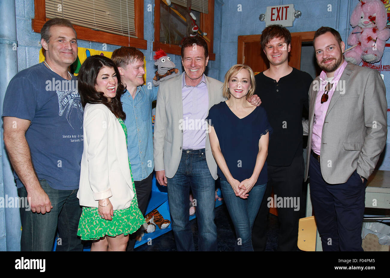 Bryan Cranston visits the cast of the Broadway play 'Hand To God' backstage at the Booth Theatre  Featuring: Marc Kudisch, Sarah Stiles, Steven Boyer, Tyrone the demonic puppet, Bryan Cranston, Geneva Carr, Michael Oberholtzer, Moritz von Stuelpnagel Where: New York City, New York, United States When: 06 Jun 2015 Stock Photo