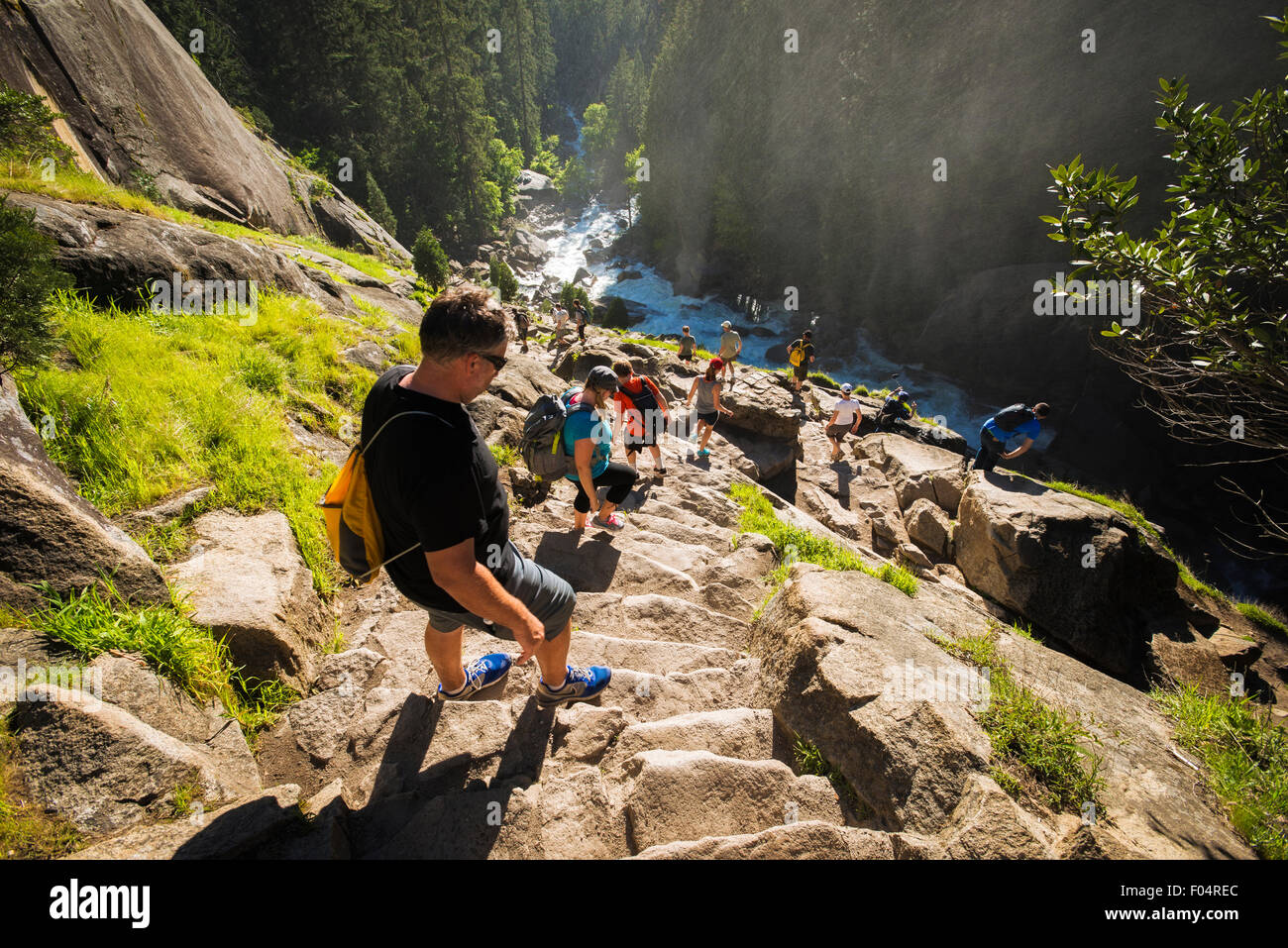 Hikers descending stairs on the Mist Trail, Yosemite National Park,  California USA Stock Photo - Alamy