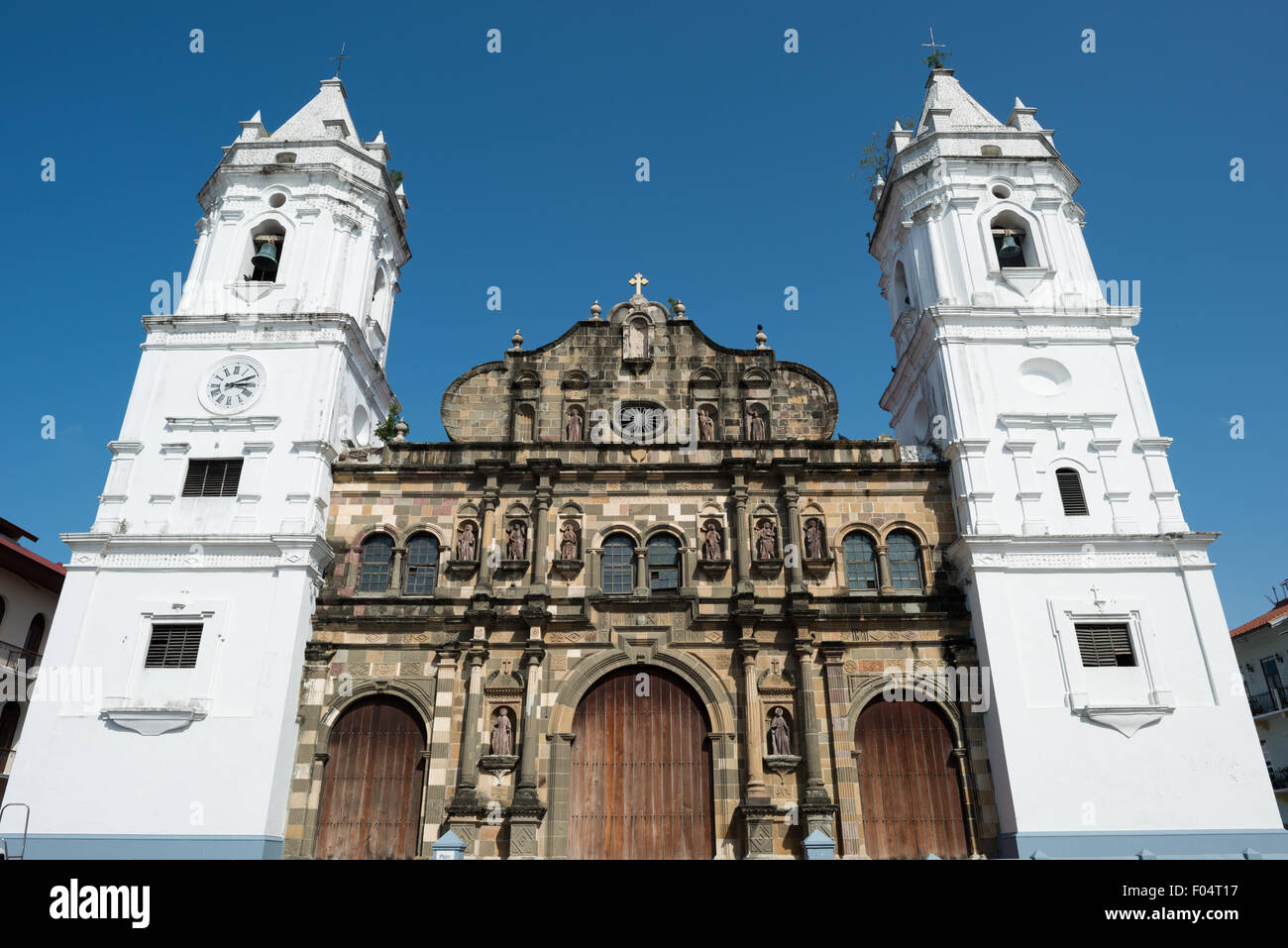 PANAMA CITY, Panama--Standing on the western side of Plaza de la Independencia (or Plaza Mayor), the Catedral Metropolitana was built between 1688 and 1796. It is one of the largest of Central America's cathedrals and was badly neglected before undergoing major restoration in 2003. Stock Photo