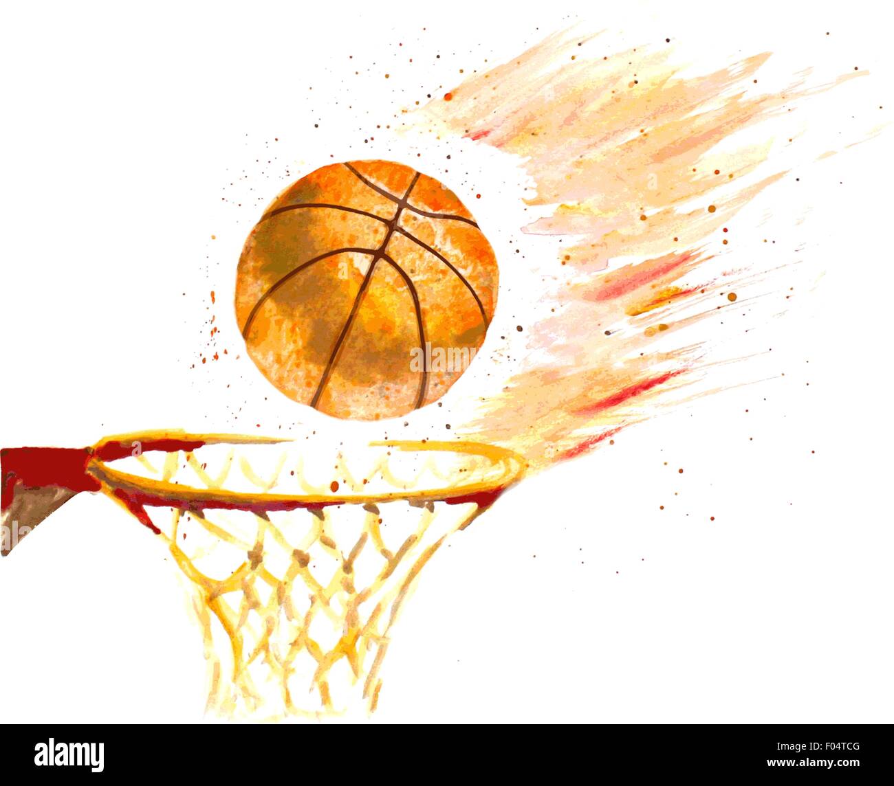 watercolor basketball ball thrown in a basket Stock Vector