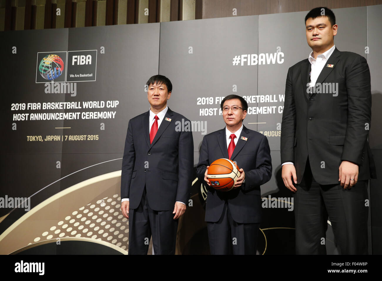 Tokyo, Japan. 7th Aug, 2015.(L-R) Gao Zhidan, Zhang Jiandong, Yao Ming (CHN), AUGUST 7, 2015 - Basketball : China 2019 bid committee members attend a press conference as the Central Board of International Basketball Federation (FIBA) meets in Tokyo to decide the host country for the 2019 FIBA Basketball World Cup. The Philippines and the People's Republic of China are both bidding to host the event. Credit:  Yusuke Nakanishi/AFLO SPORT/Alamy Live News Stock Photo
