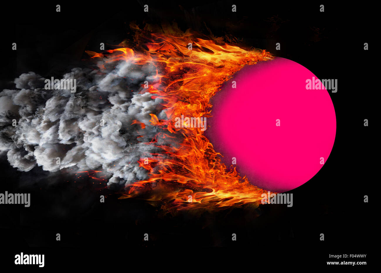 Concept of speed - Ball with a trail of fire and smoke - pink Stock Photo