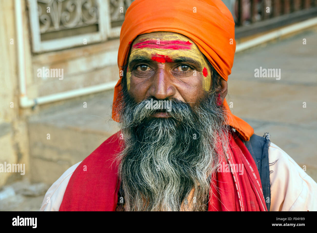 Portrait of a Rajasthani man with orange turban and beard, Jaisalmer, Rajasthan, India Stock Photo
