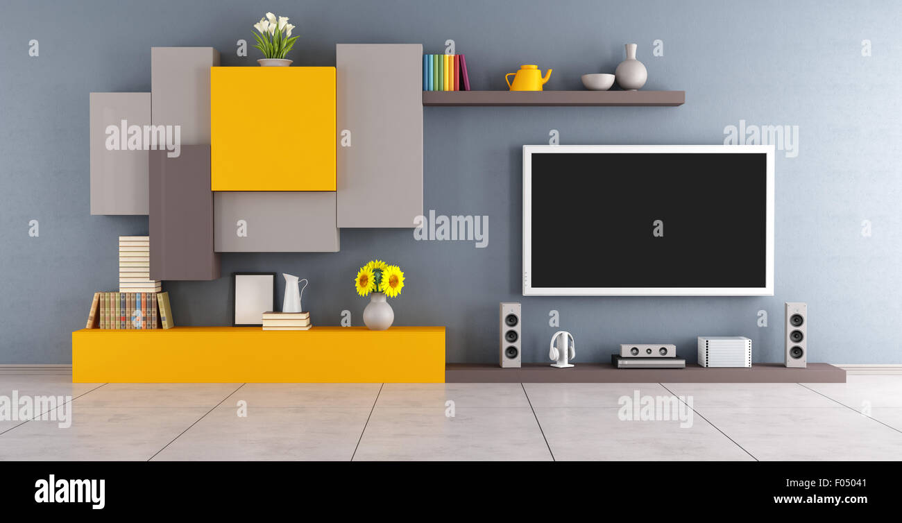 Modern lounge with colorful wall unit and tv set - 3D Rendering ... Modern lounge with colorful wall unit and tv set - 3D Rendering ...