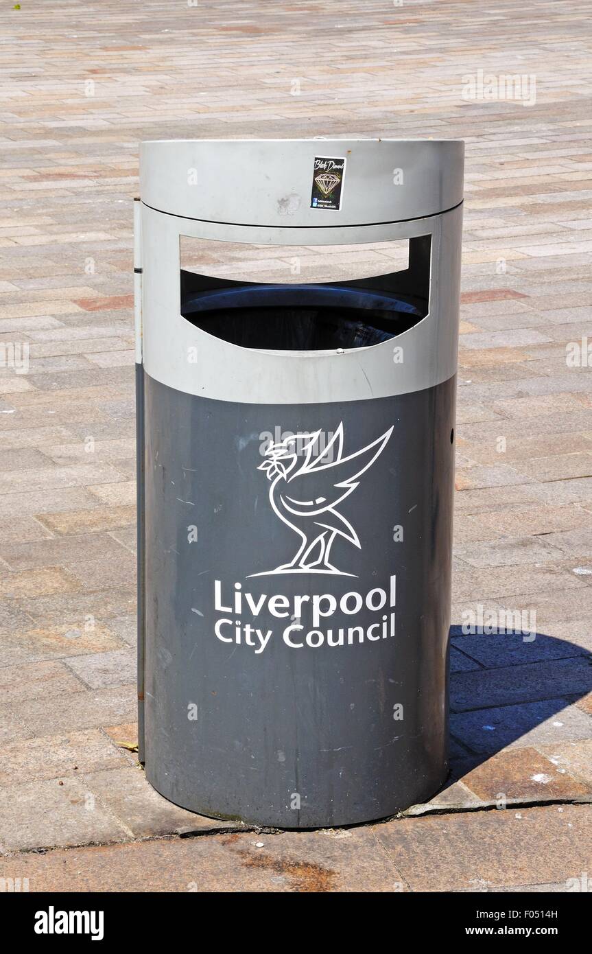 Liverpool city council rubbish bin in Derby Square, Liverpool, Merseyside, England, UK, Western