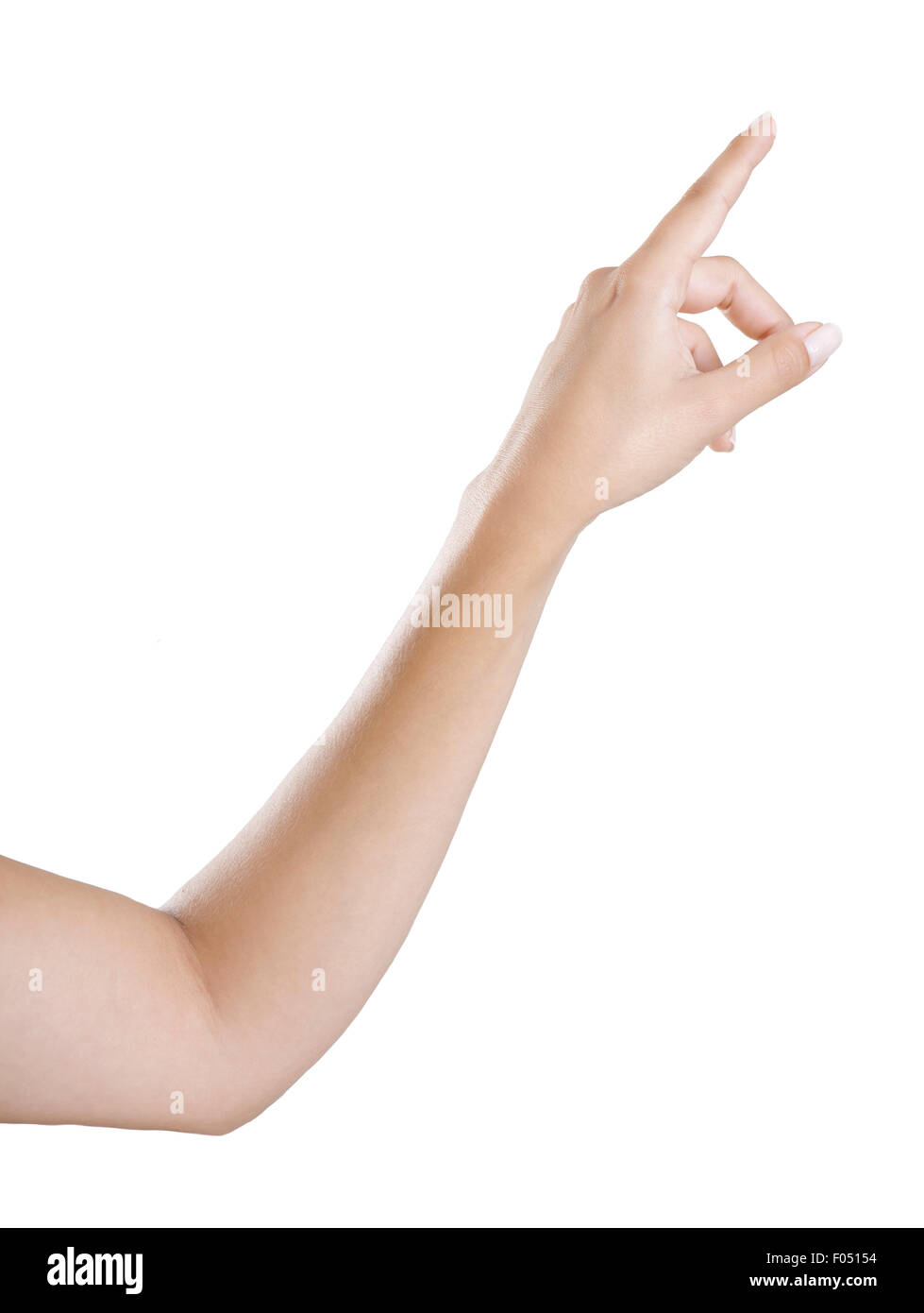 woman hand pointing with his index finger upwards, isolated white background Stock Photo