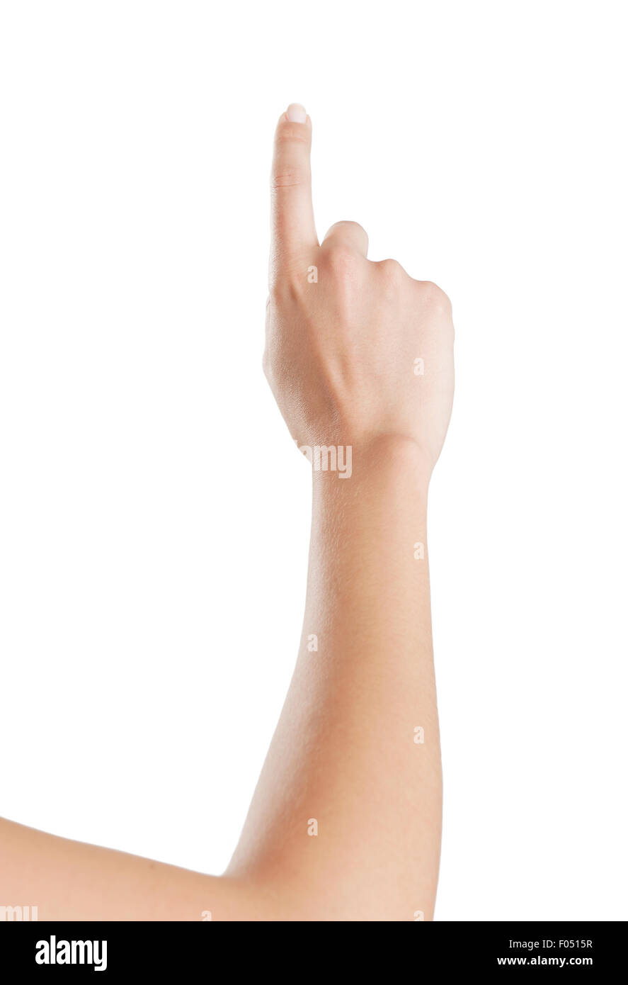 woman hand pointing with his index finger upwards, isolated white background Stock Photo