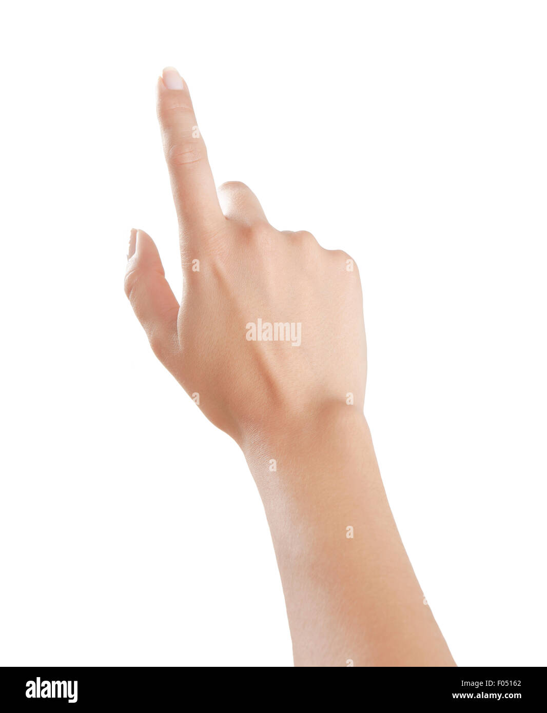 woman hand pointing with his index finger upwards, isolated white background Stock Photo