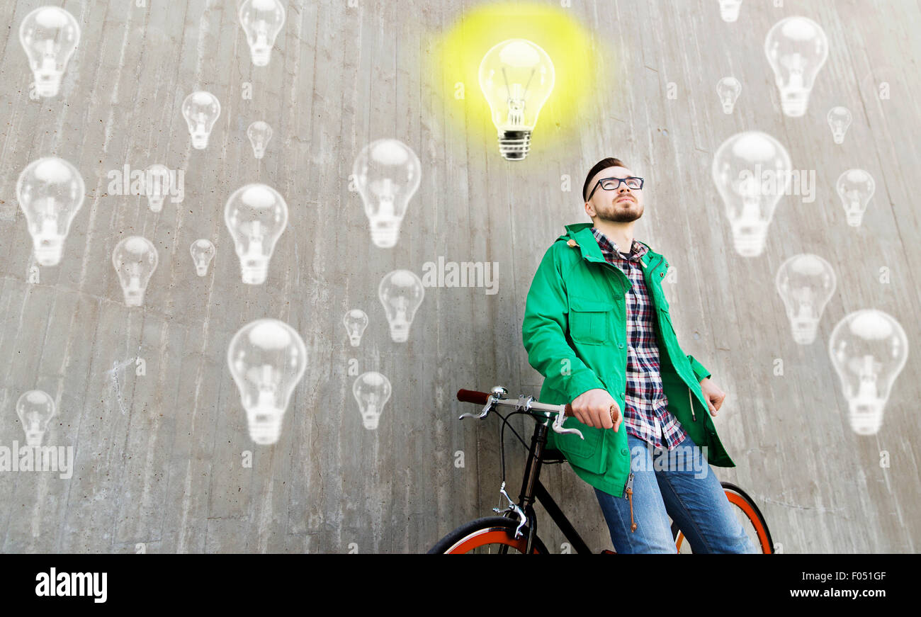 happy young hipster man with fixed gear bike Stock Photo