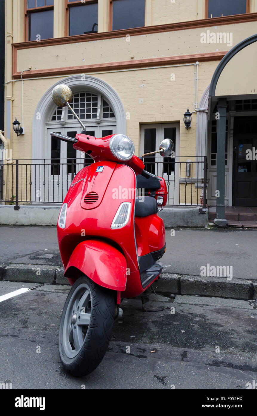 Red Motor Scooter, Wellington, North Island, New Zealand Stock Photo
