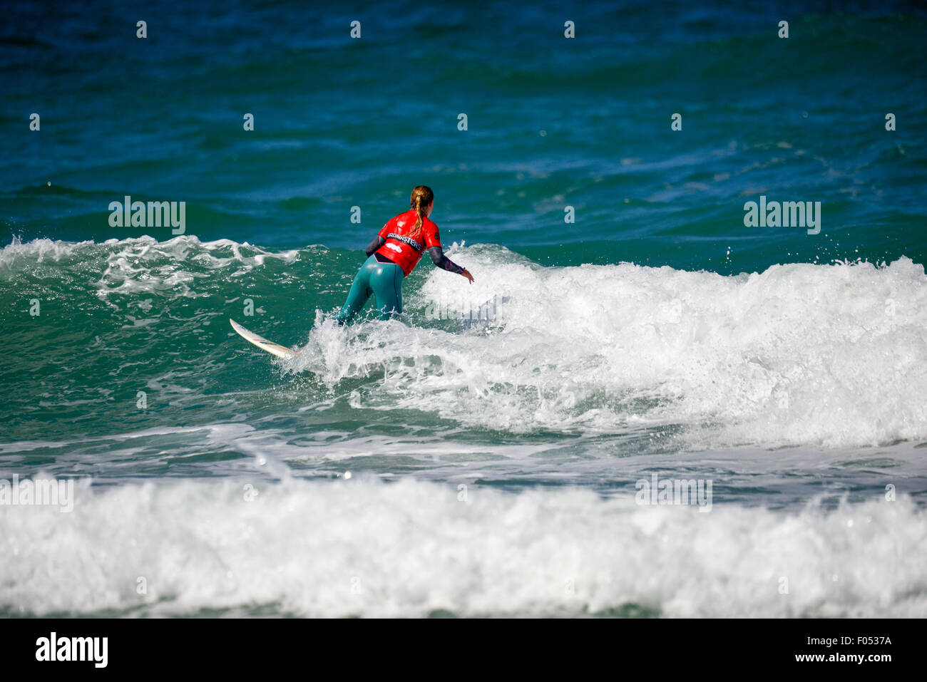 Boardmasters 2015 has officially kicked off! Cornwall’s own surf and music festival got underway today at surfing mecca, Fistral Beach with day one of the International Surf Competiitons. Stock Photo
