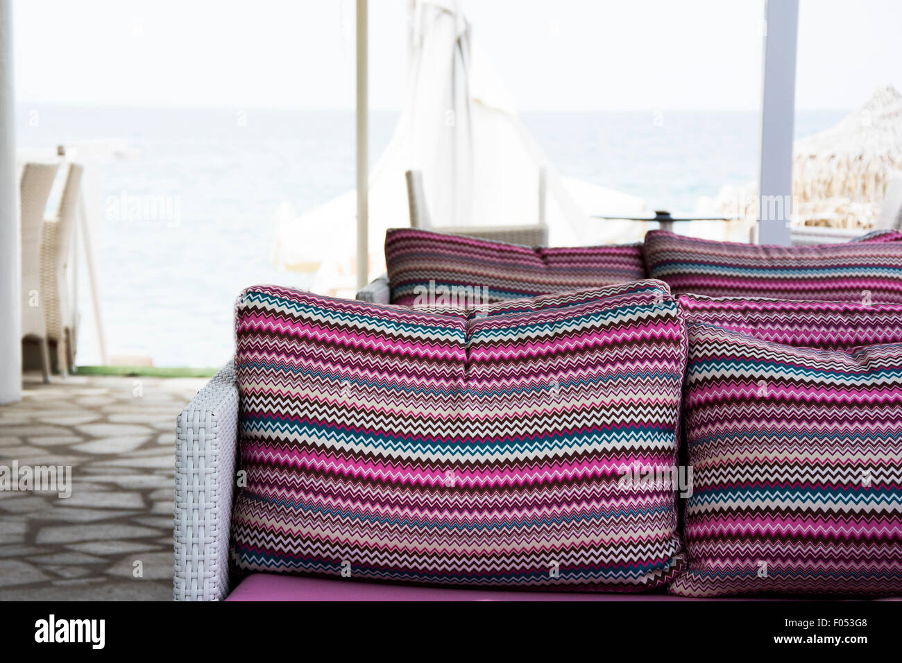 Colorful Beautiful Pillows On Patio Close To Beach Colors Are