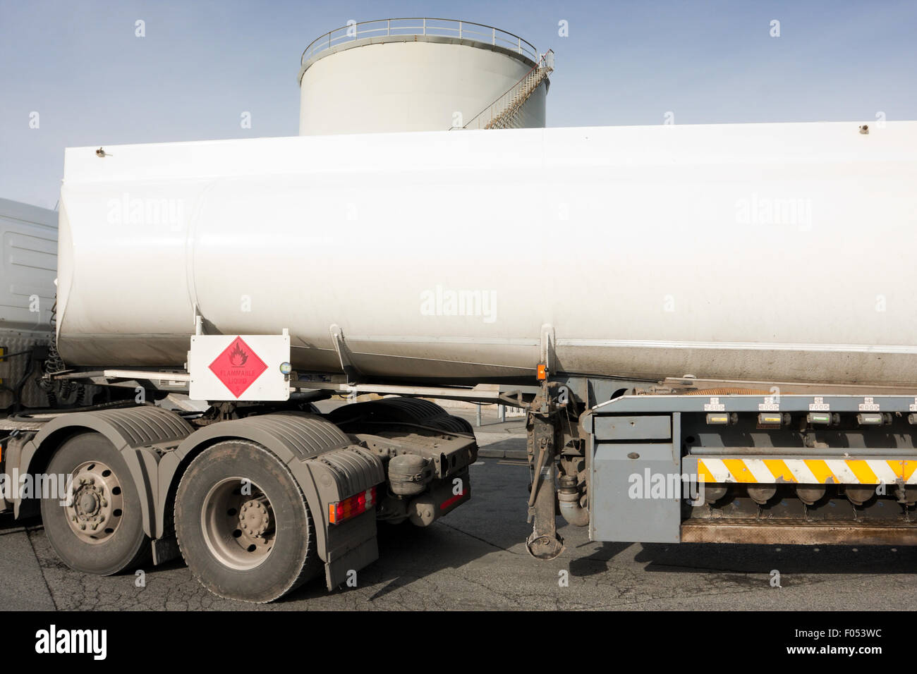 Fuel Truck  and industrial petrol storage tanks, detail Stock Photo