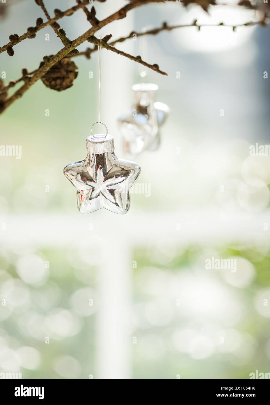 star-shaped silver bauble hanging from twig with pine cones and blurred window view Stock Photo