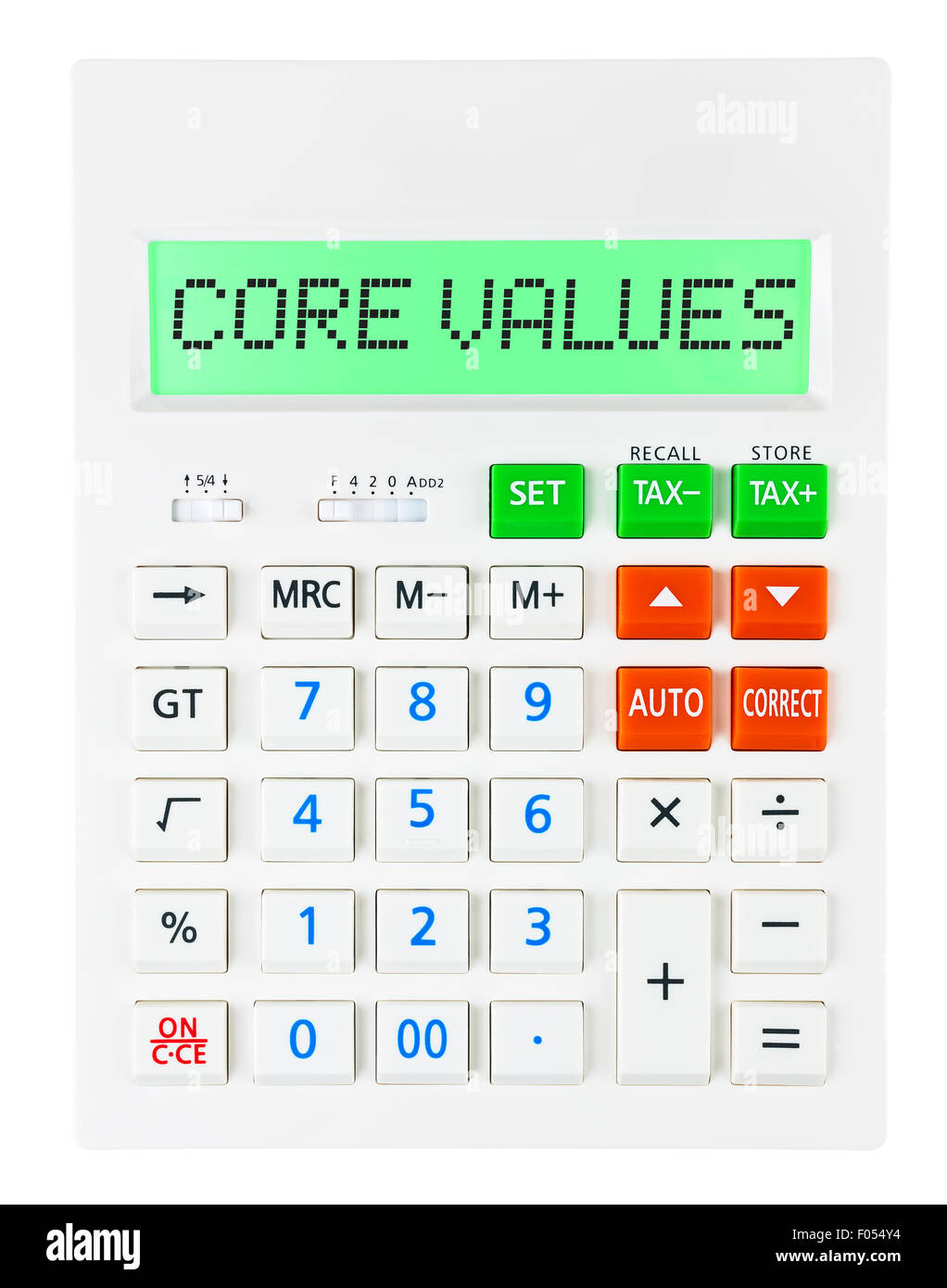 Calculator with CORE VALUES on display isolated on white background Stock Photo